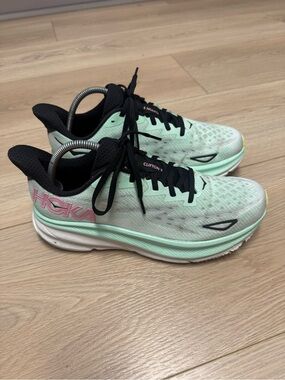 Hoka Clifton 9 Mint Green Black Pink Women’s Running Shoes